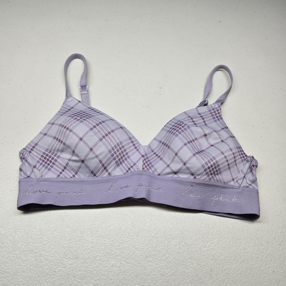 PINK Women Bra 32B Lavender Argyle Plaid Wear‎ Everywhere Wireless
